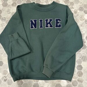 VINTAGE Nike Men's Crewneck Sweatshirt -Teal with Navy Lettering MADE IN USA- L